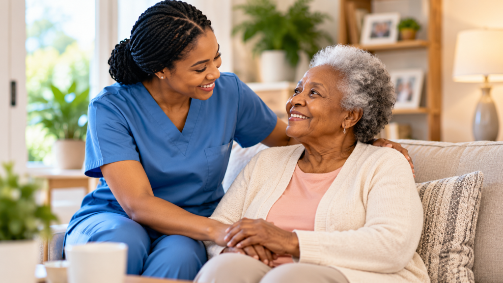 A caregiver is smiling with an older woman while providing companionship at home.